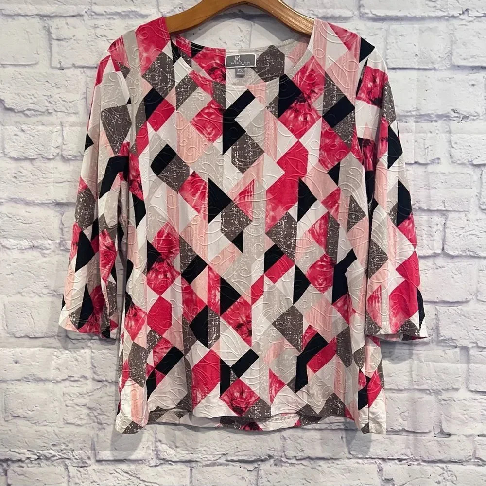 JM Collection Blouse Top Size Large Petite Multicolor Geometric Print 3/4 Sleeve